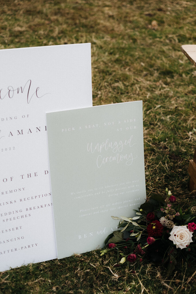 Wedding welcome sign, order of the day and unplugged ceremony created by LouPaper for summer wedding at Wilderness Reserve 