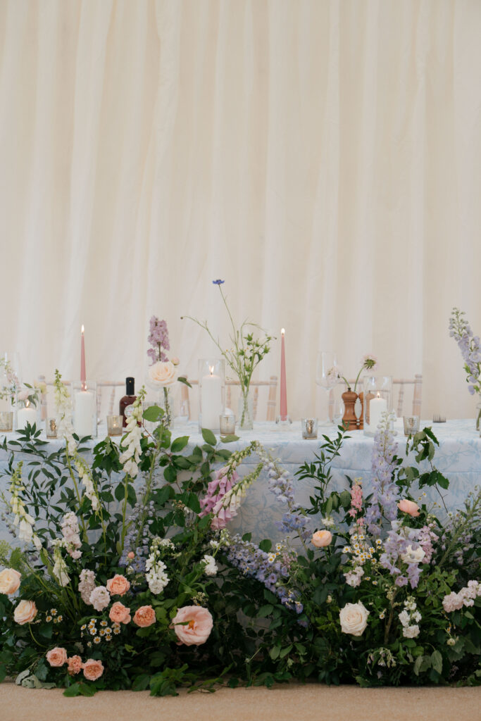 pretty patterned linen with english country garden florals for E & Gs marquee wedding